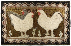 hand hooked rug with chickens