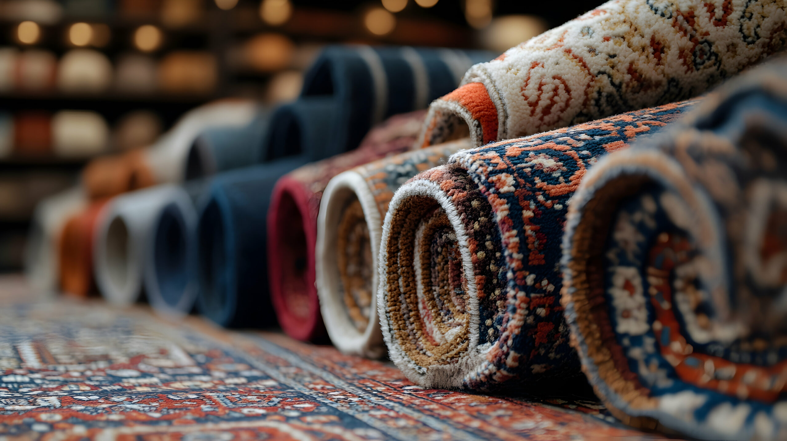 Rolled rugs displayed in a home furnishings store