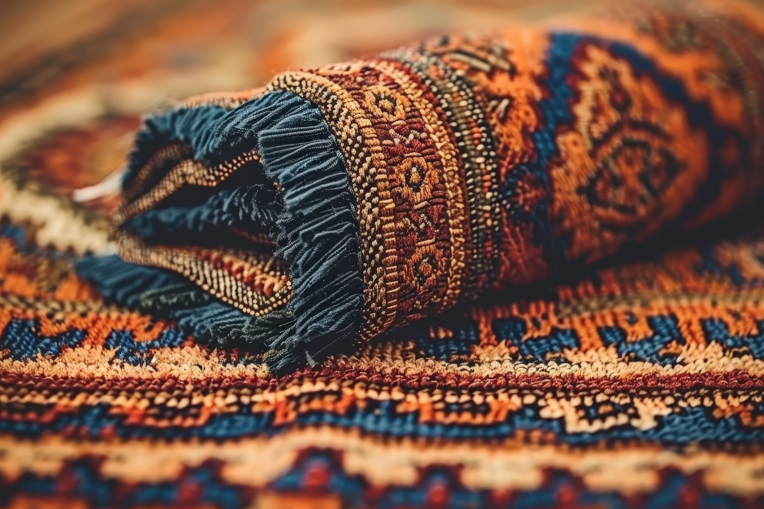 A colorful oriental rug is laid out on a table