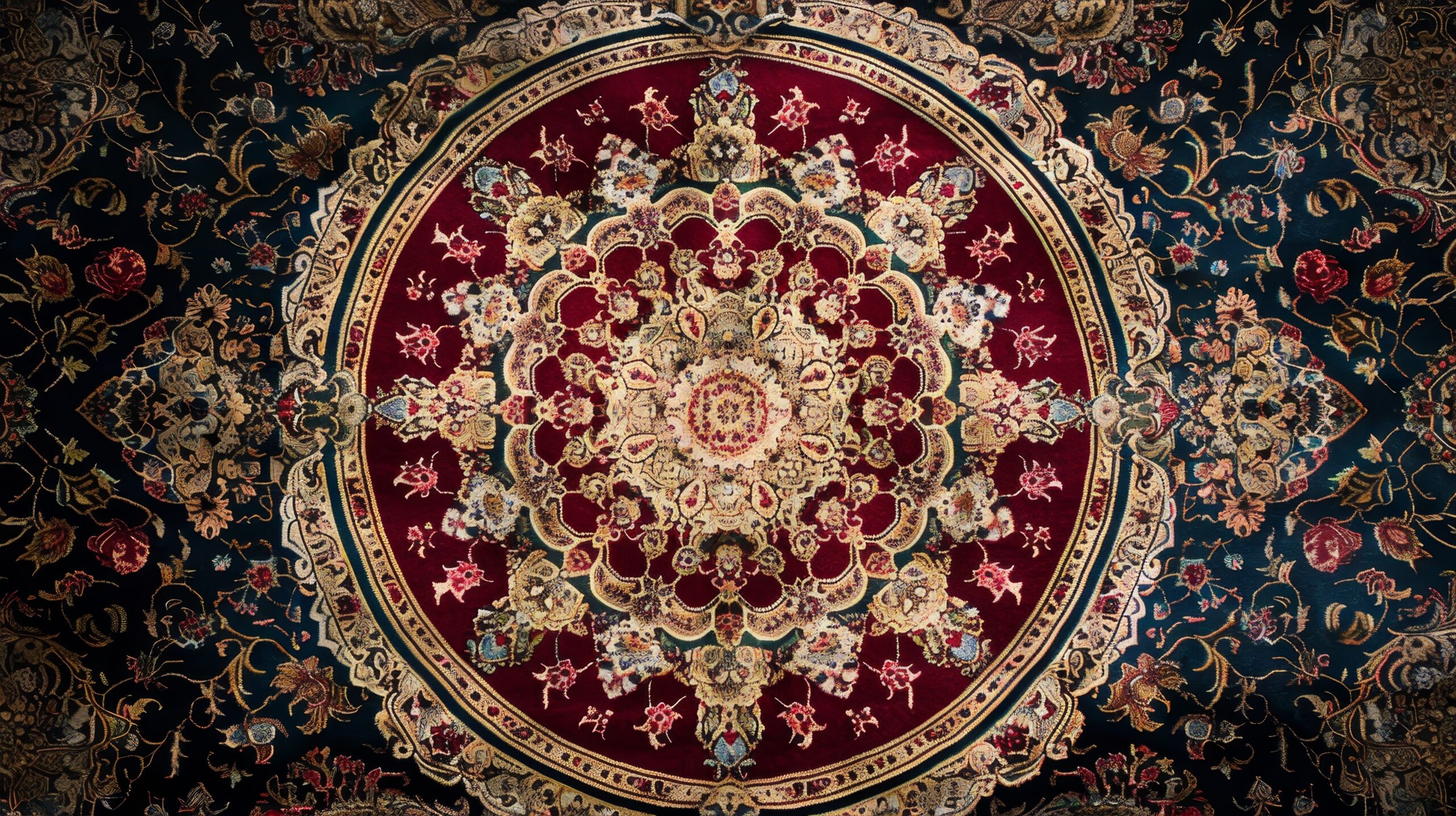 Circular oriental rug with a maroon central medallion and intricate gold floral motifs on a dark blue field
