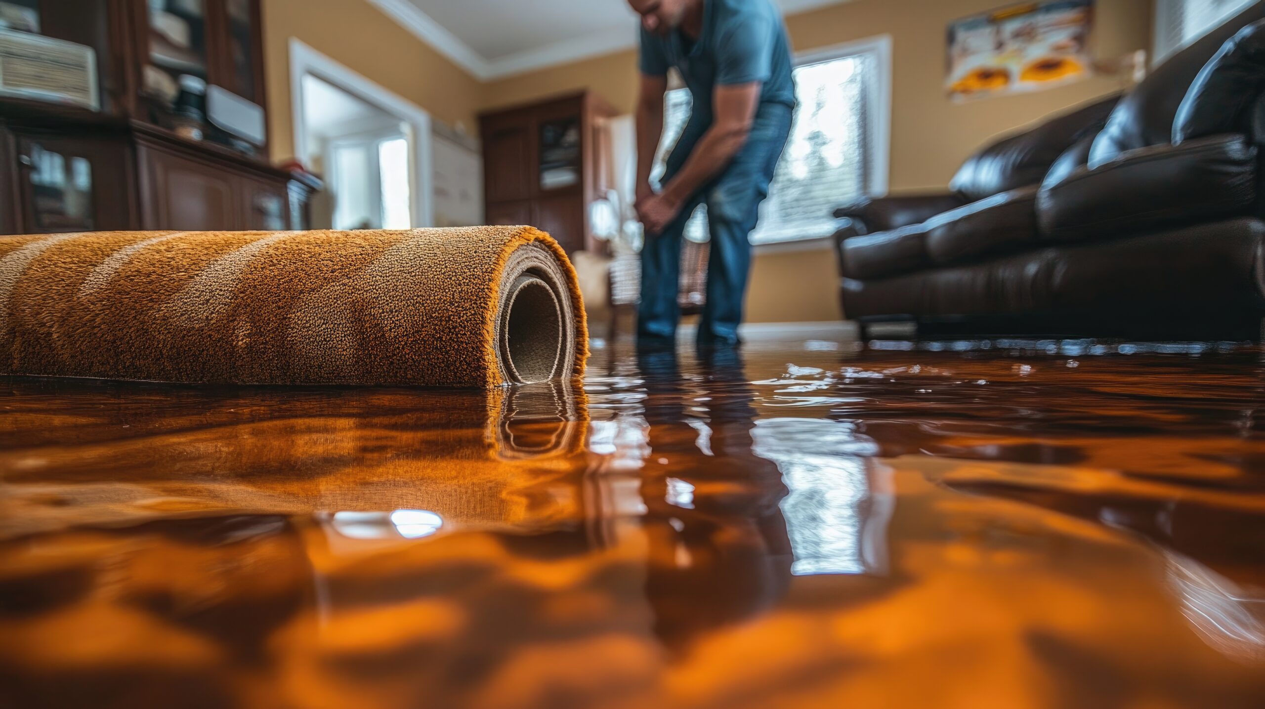Rolled orange rug on a wet wooden floor as a person in blue jeans cleans up a spill in a living room.